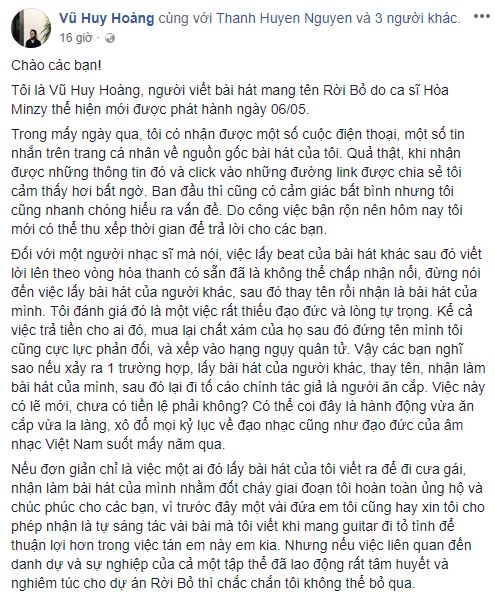 Nghi vấn hit của Hòa Minzy đạo nhái: Rời bỏ không phải là sản phẩm đạo nhạc! Nghi vấn hit của Hòa Minzy đạo nhái: Rời bỏ không phải là sản phẩm đạo nhạc!
